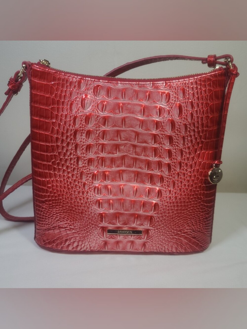 Brahmin Katie Red Dragon Melbourne Crossbody Leather Croc Embossed Purse
